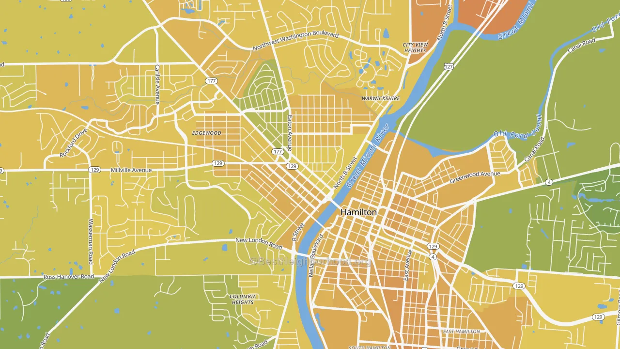 Map of the best neighborhoods in the Hamilton Main Street Historic District, Hamilton area, with better matches in green and worse matches in red