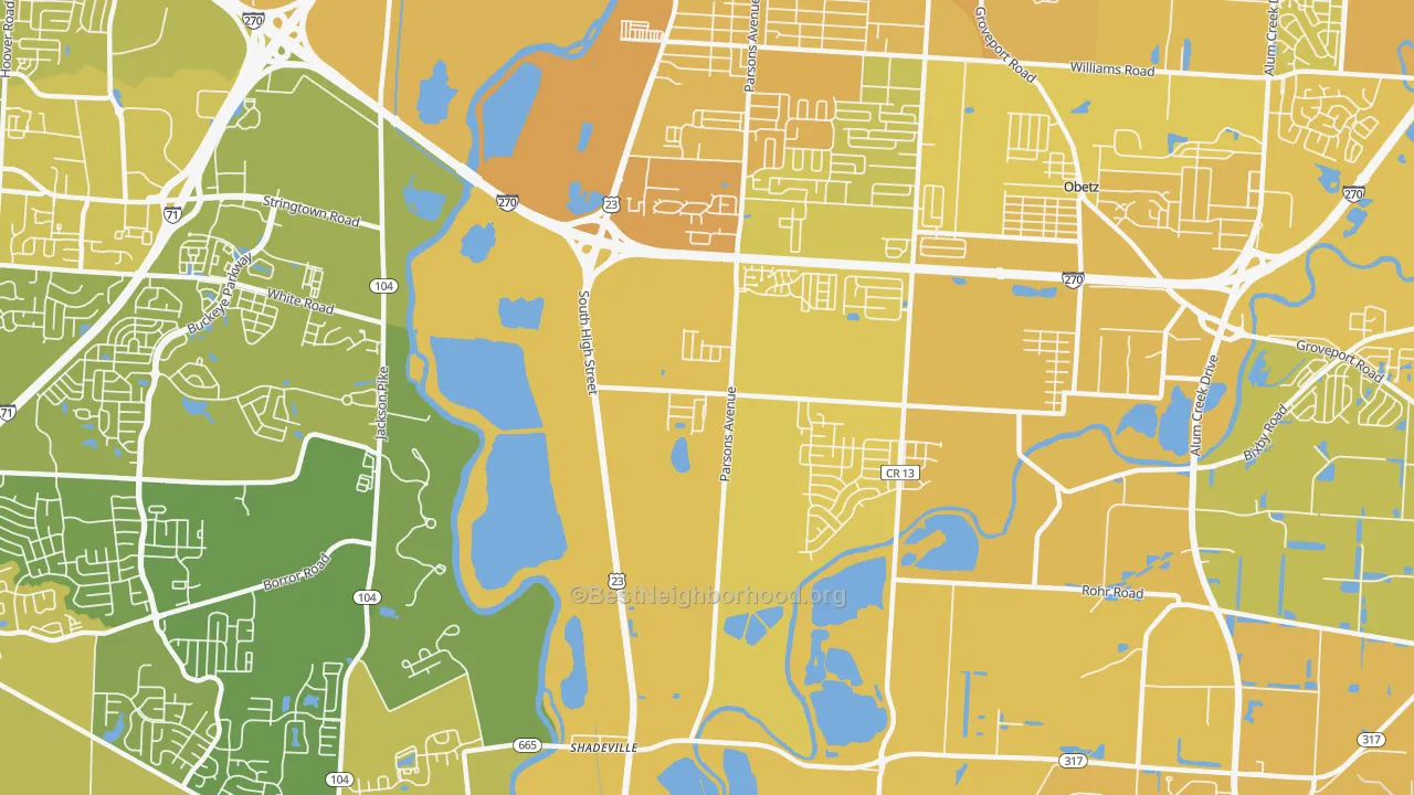 Map of the best neighborhoods in the Hamilton Meadows area, with better matches in green and worse matches in red