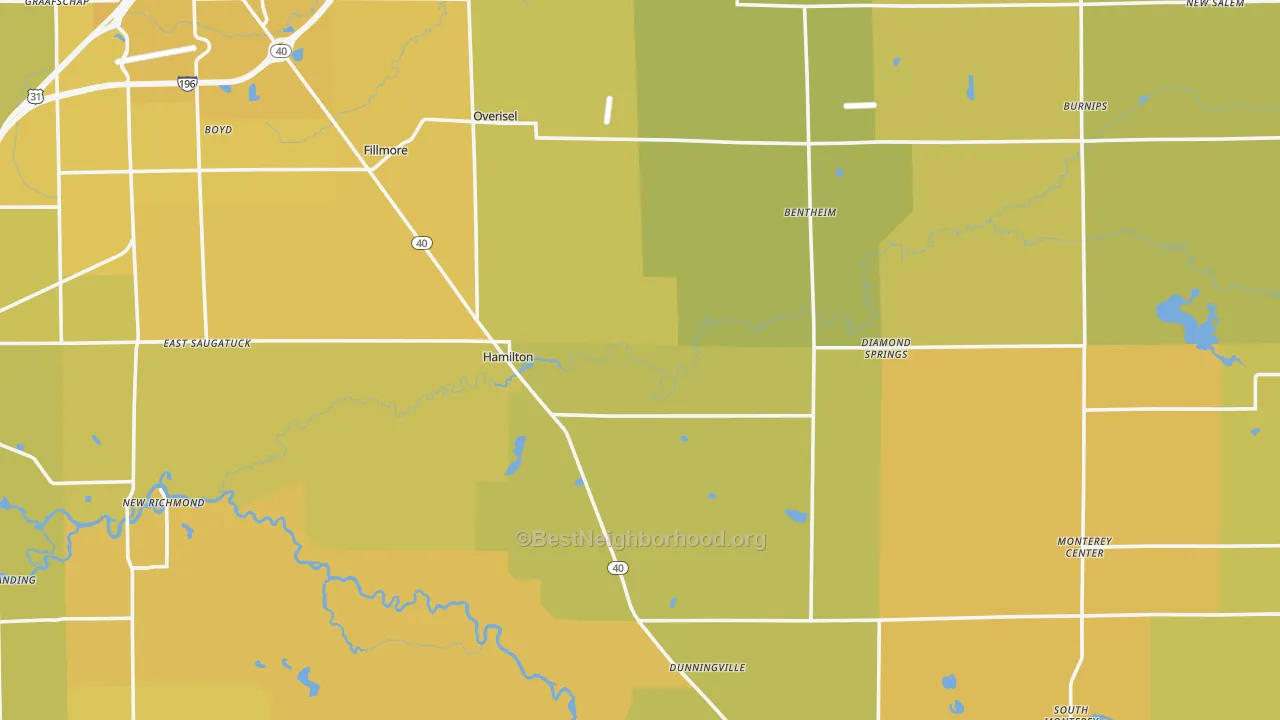 Map of the best neighborhoods in the Hamilton area, with better matches in green and worse matches in red