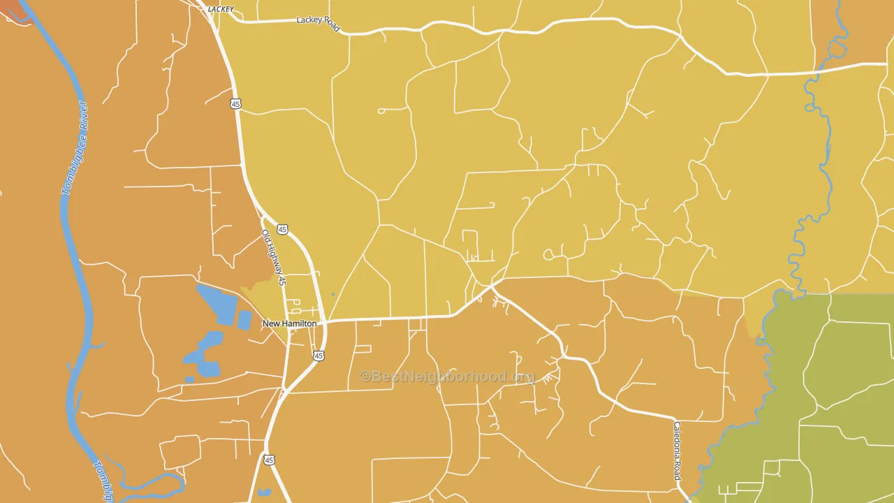 Map of the best neighborhoods in the Hamilton area, with better matches in green and worse matches in red