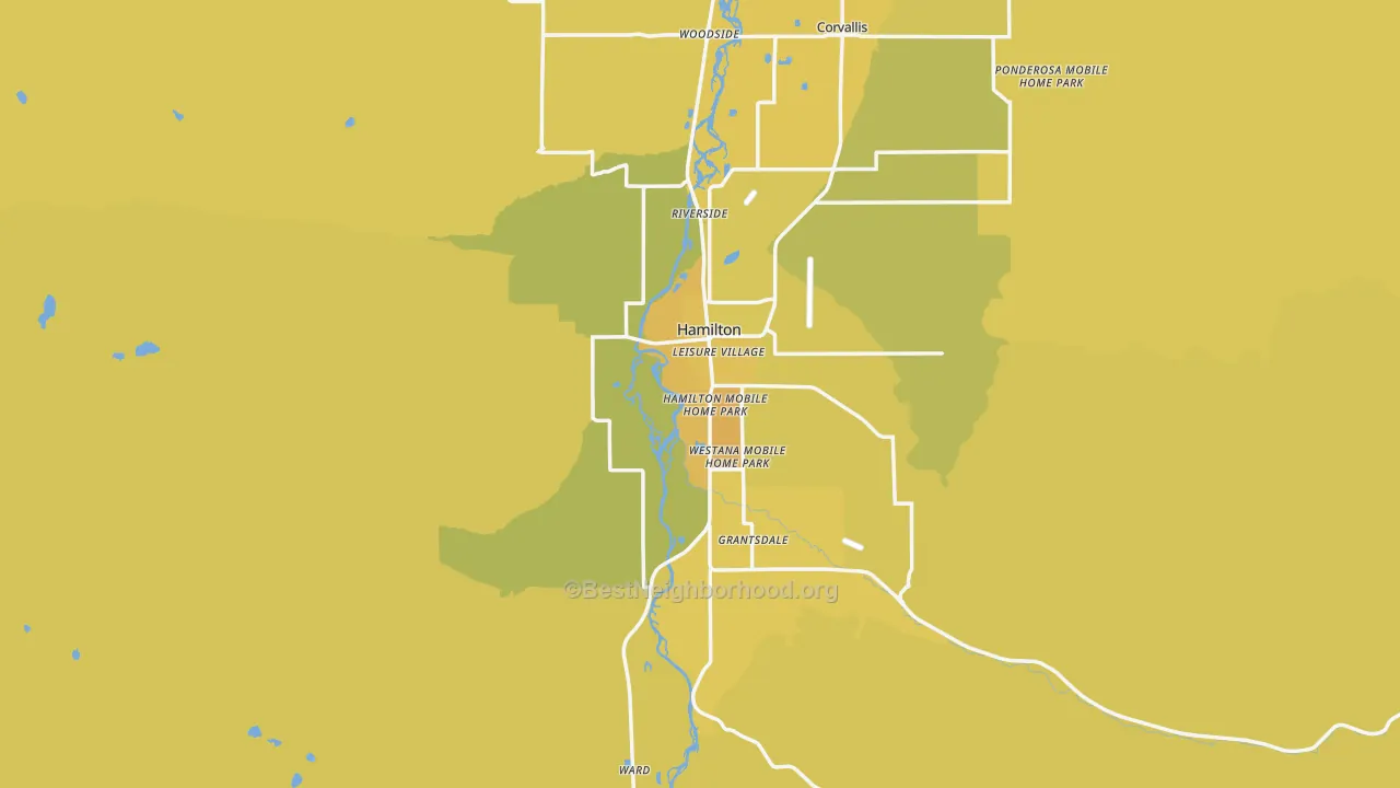 Map of the best neighborhoods in the Hamilton area, with better matches in green and worse matches in red