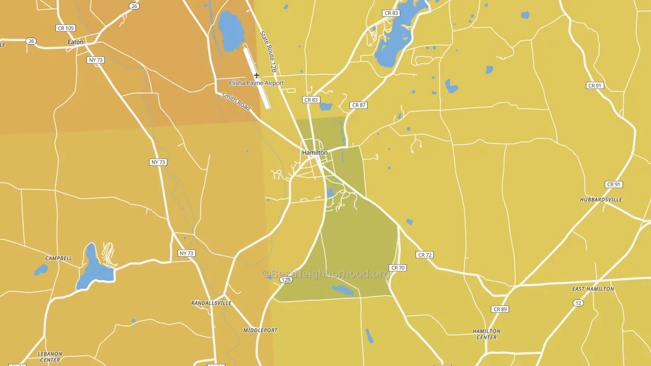 Map of the best neighborhoods in the Hamilton area, with better matches in green and worse matches in red