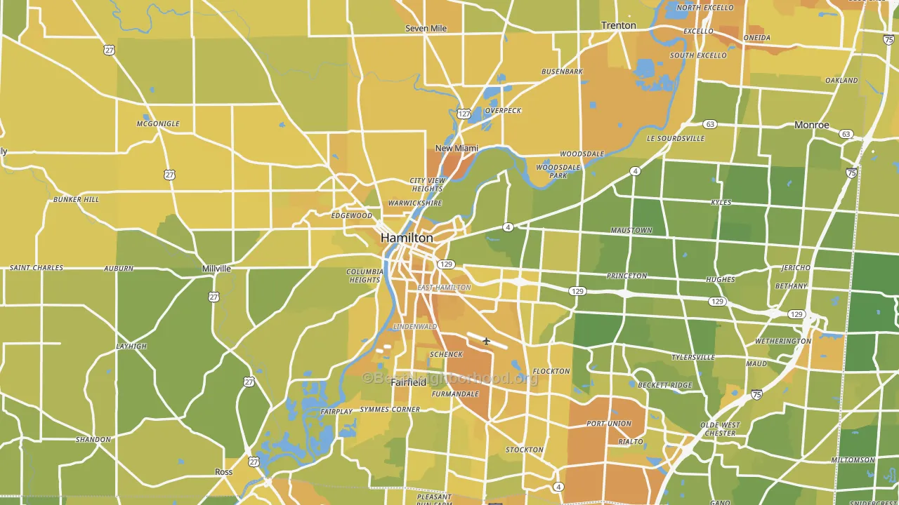 Map of the best neighborhoods in the Hamilton area, with better matches in green and worse matches in red