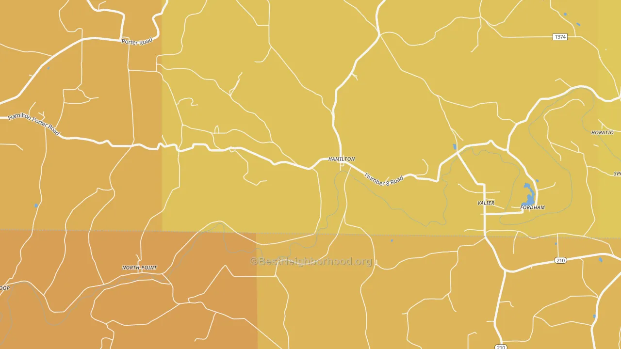 Map of the best neighborhoods in the Hamilton area, with better matches in green and worse matches in red