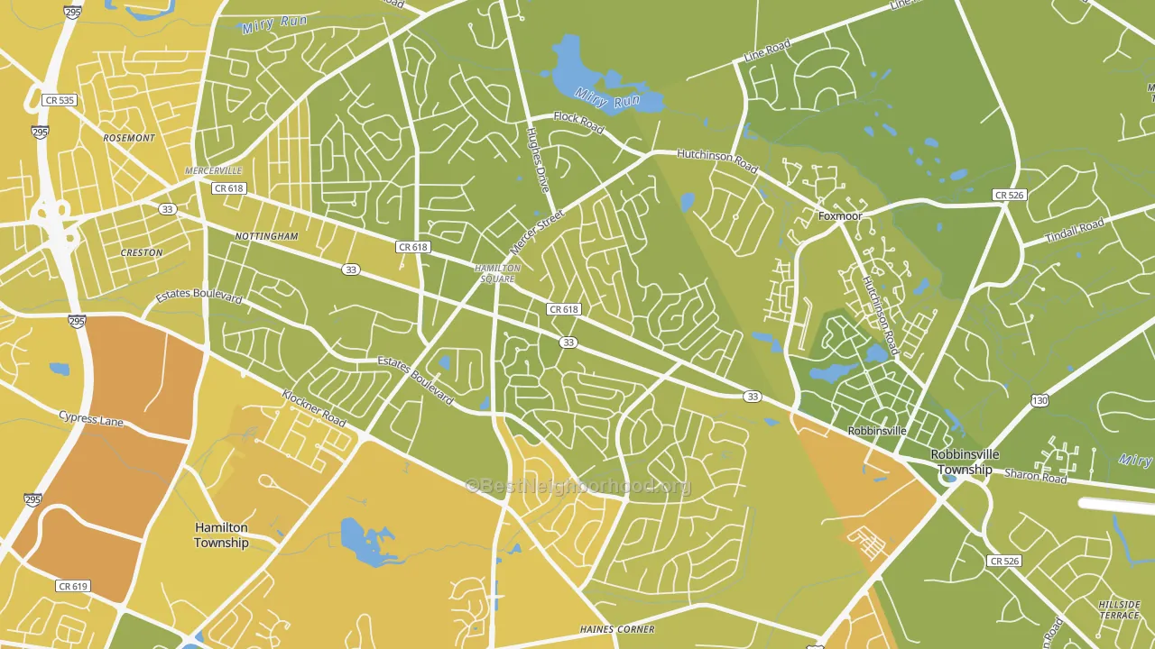 Map of the best neighborhoods in the Hamilton Square area, with better matches in green and worse matches in red