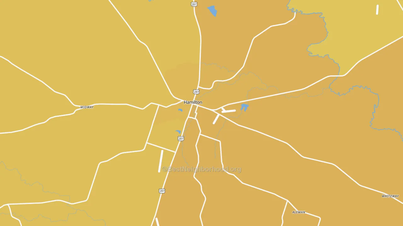 Map of the best neighborhoods in the Hamilton area, with better matches in green and worse matches in red