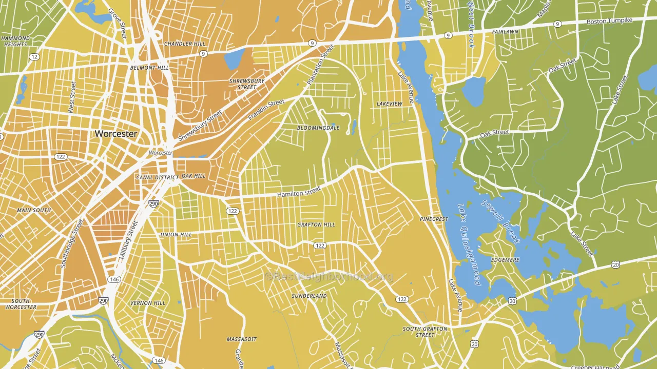 Map of the best neighborhoods in the Hamilton, Worcester area, with better matches in green and worse matches in red