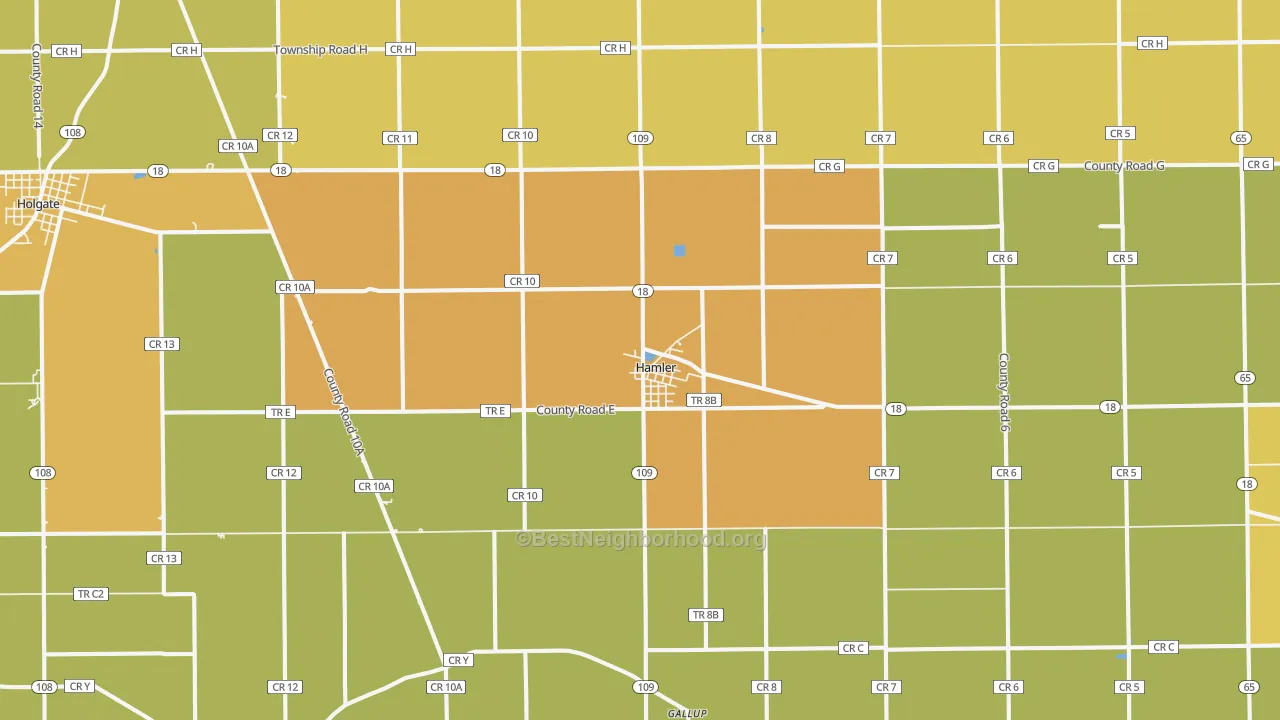Map of the best neighborhoods in the Hamler area, with better matches in green and worse matches in red