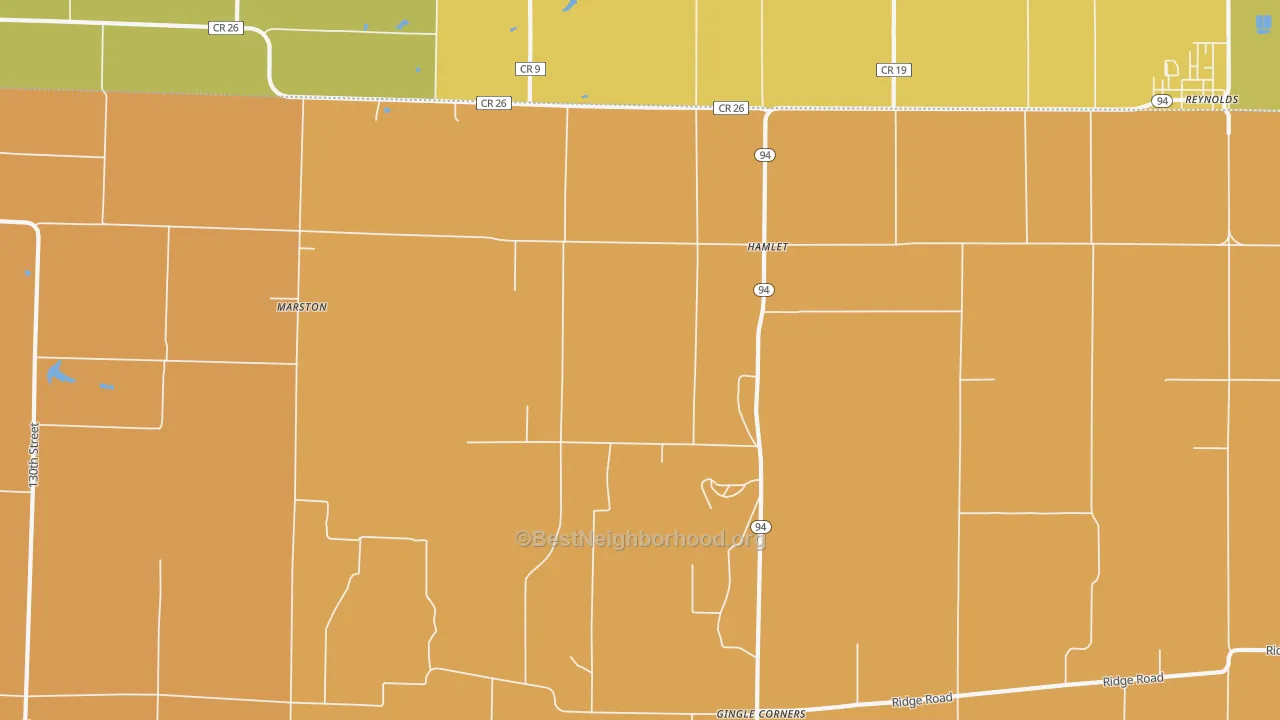 Map of the best neighborhoods in the Hamlet area, with better matches in green and worse matches in red