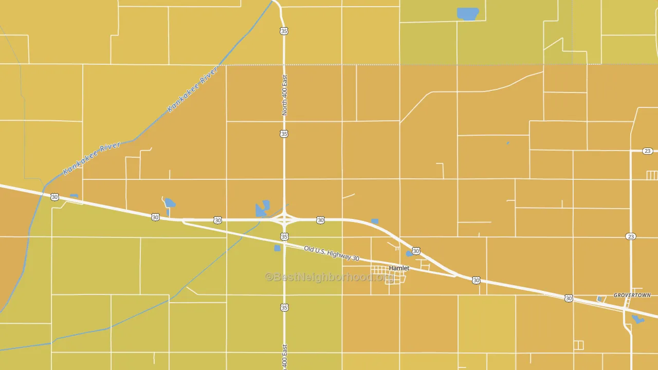 Map of the best neighborhoods in the Hamlet area, with better matches in green and worse matches in red