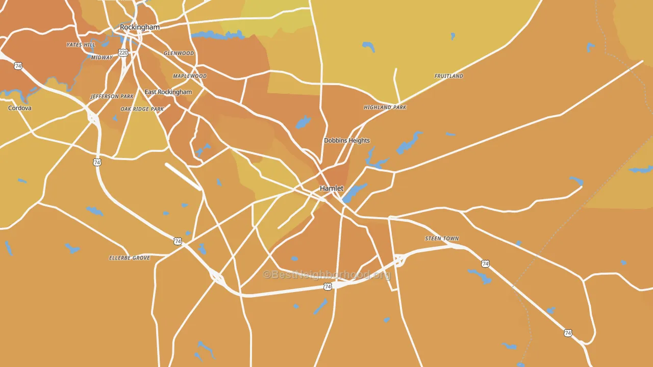 Map of the best neighborhoods in the Hamlet area, with better matches in green and worse matches in red
