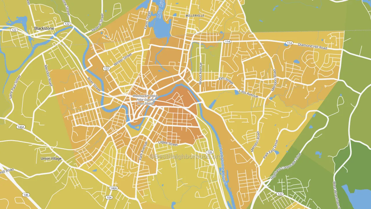 Map of the best neighborhoods in the Hamlet, Woonsocket area, with better matches in green and worse matches in red