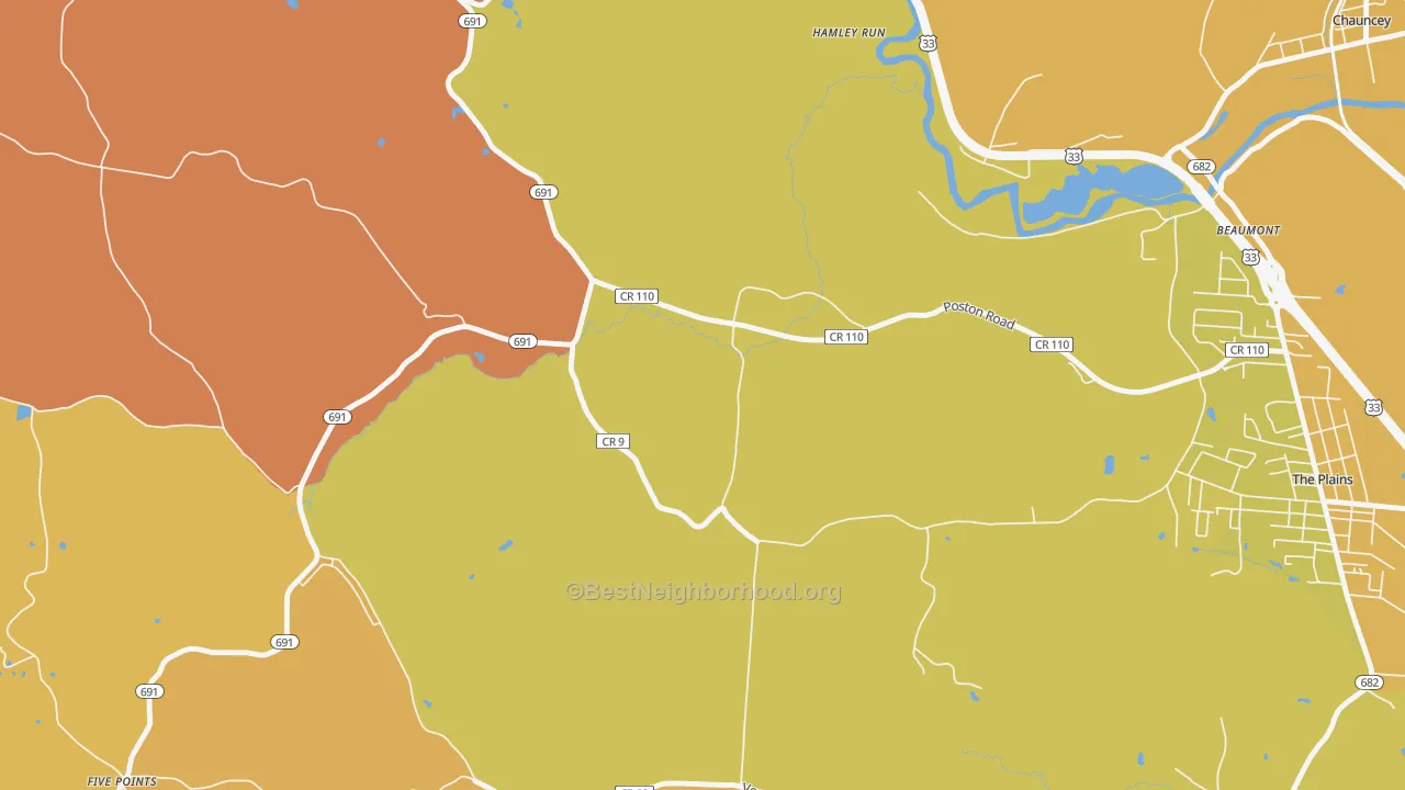 Map of the best neighborhoods in the Hamley Run area, with better matches in green and worse matches in red
