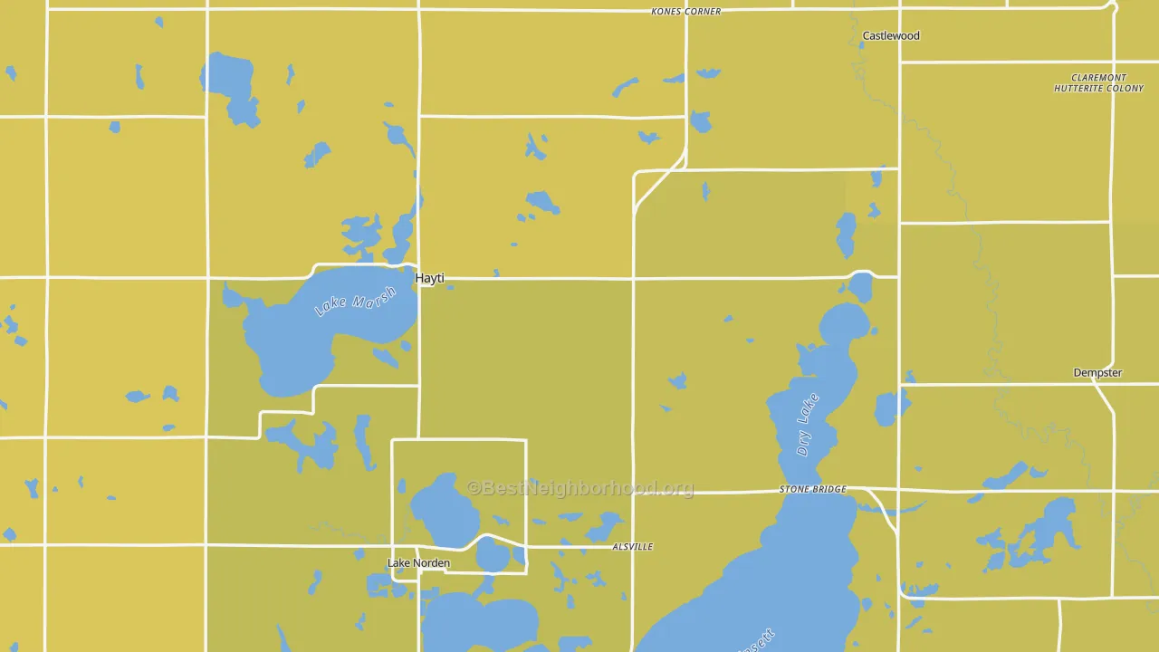 Map of the best neighborhoods in the Hamlin County area, with better matches in green and worse matches in red