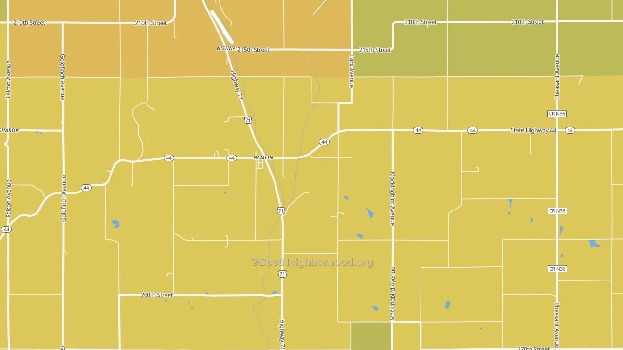 Map of the best neighborhoods in the Hamlin area, with better matches in green and worse matches in red