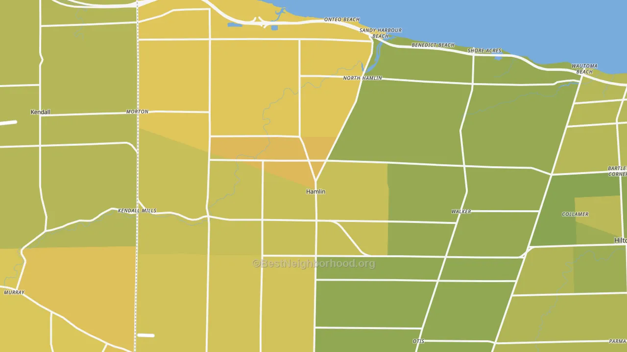 Map of the best neighborhoods in the Hamlin area, with better matches in green and worse matches in red