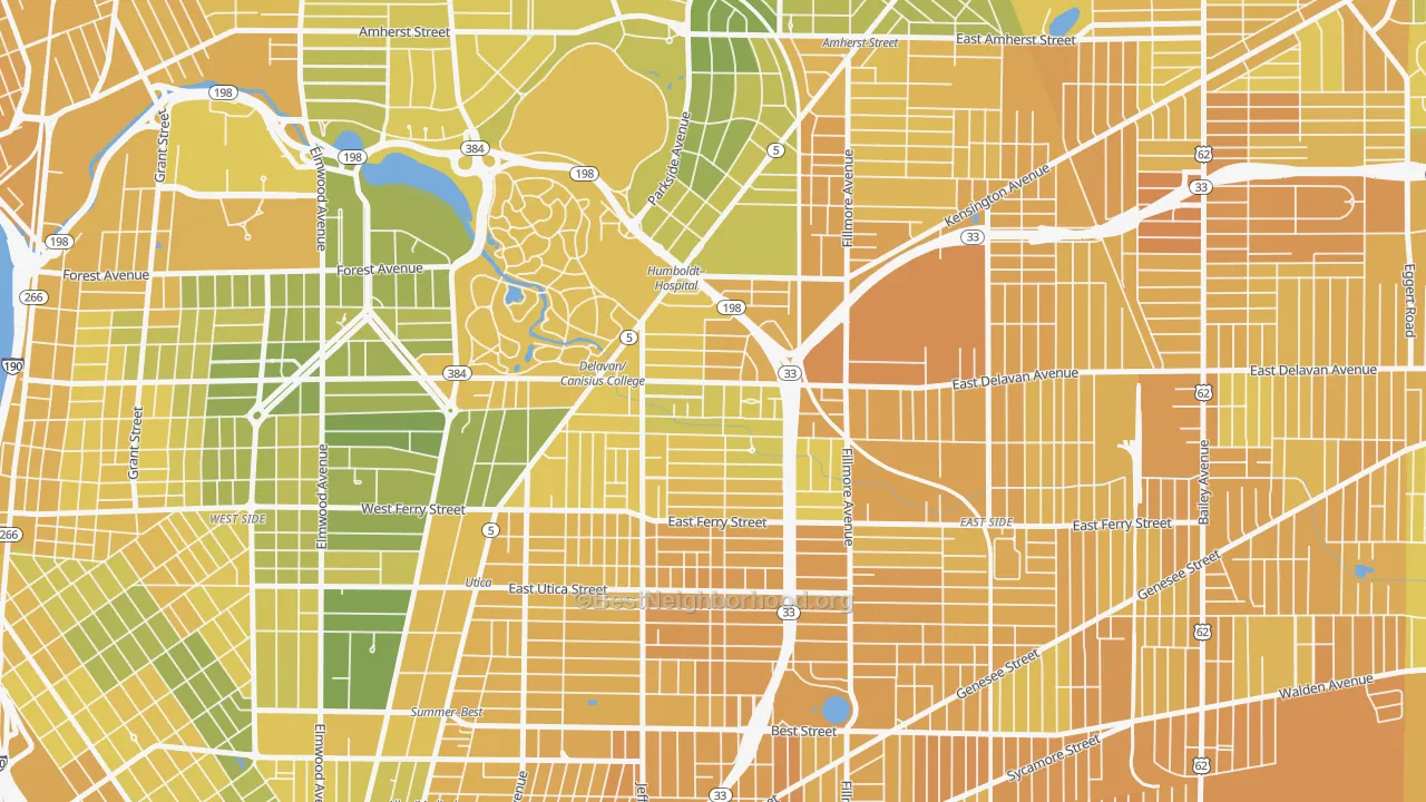 Map of the best neighborhoods in the Hamlin Park, Buffalo area, with better matches in green and worse matches in red