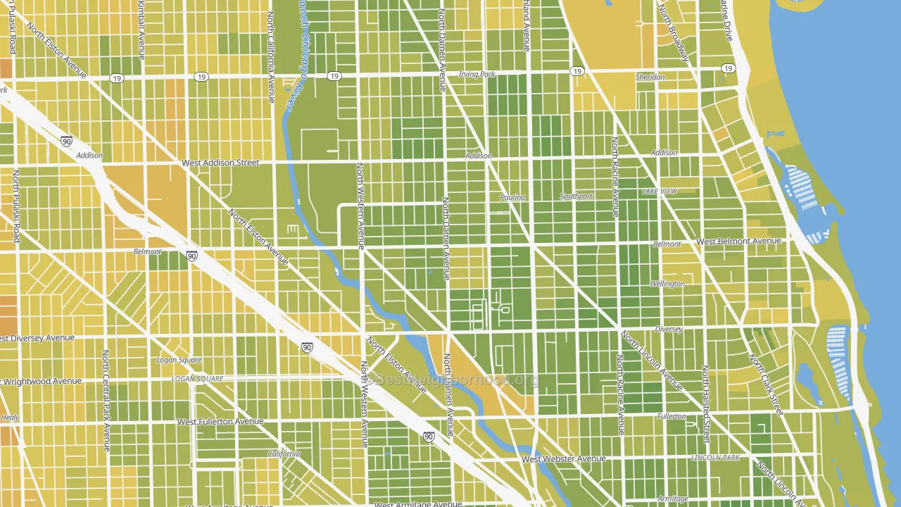 Map of the best neighborhoods in the Hamlin Park, Chicago area, with better matches in green and worse matches in red