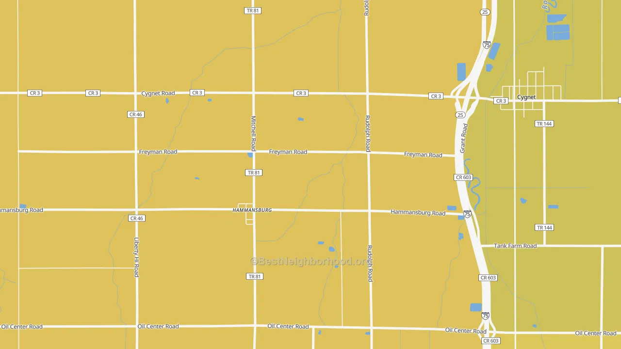 Map of the best neighborhoods in the Hammansburg area, with better matches in green and worse matches in red