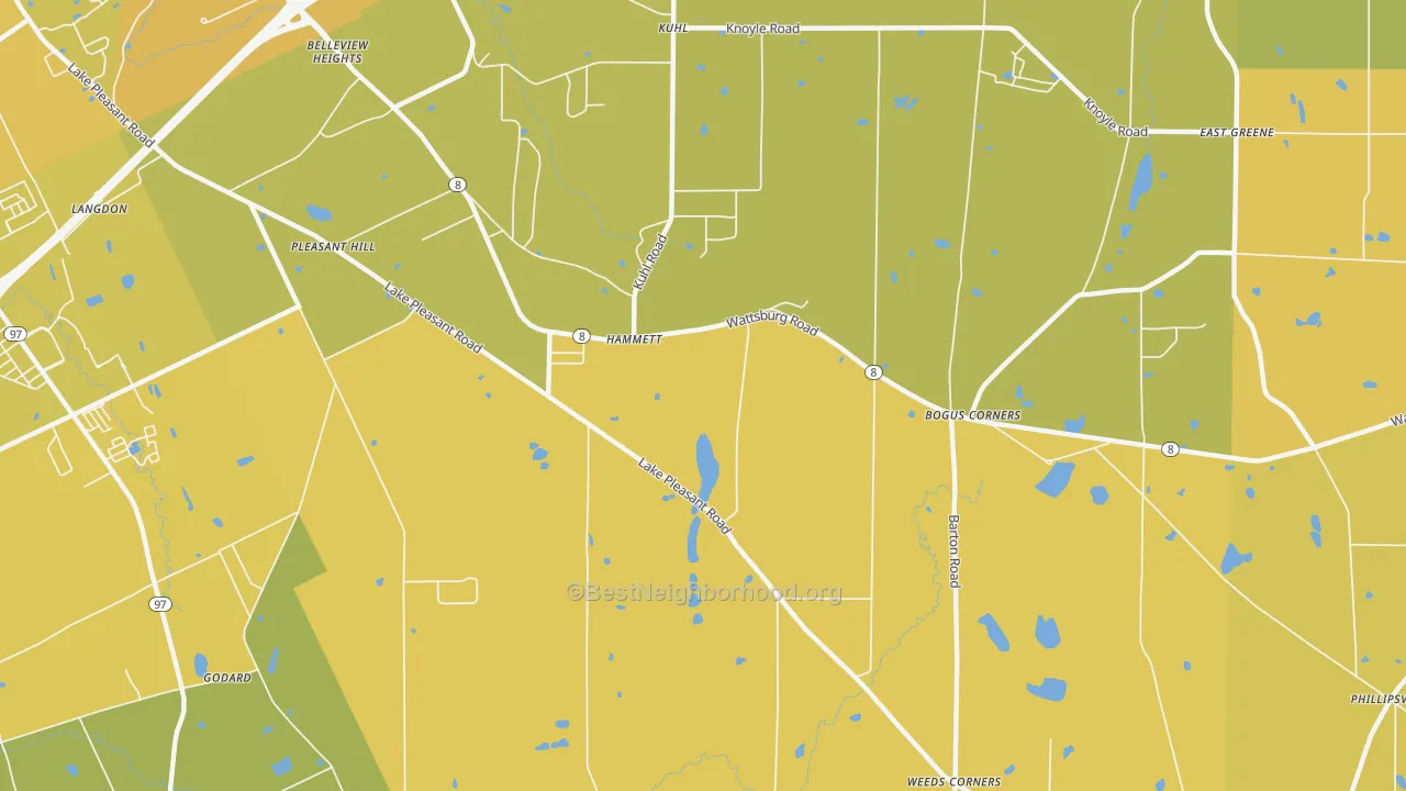 Map of the best neighborhoods in the Hammett area, with better matches in green and worse matches in red