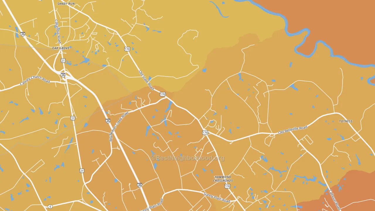 Map of the best neighborhoods in the Hammond Crossroads area, with better matches in green and worse matches in red