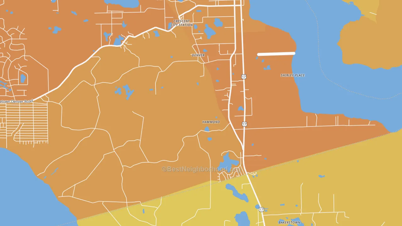 Map of the best neighborhoods in the Hammond area, with better matches in green and worse matches in red
