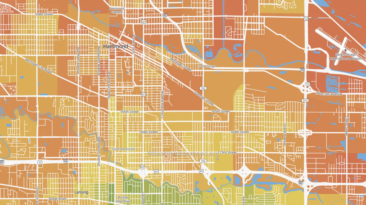 Map of the best neighborhoods in the Hammond area, with better matches in green and worse matches in red