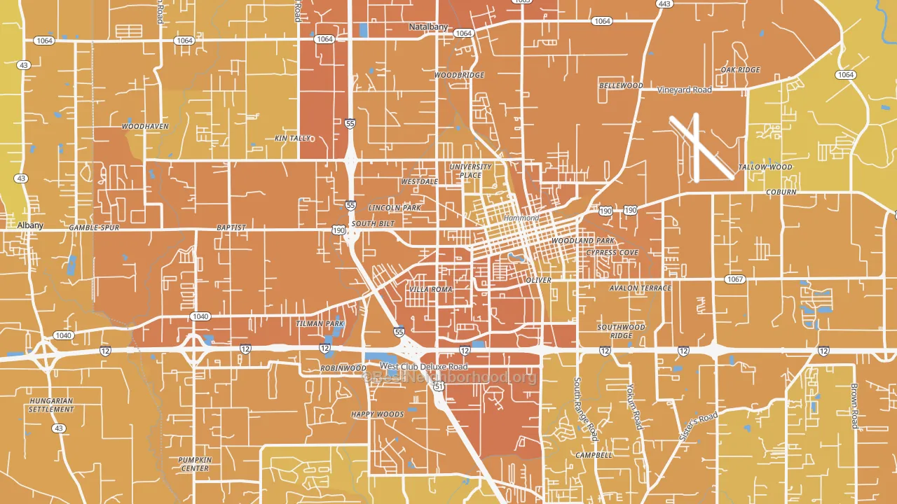 Map of the best neighborhoods in the Hammond Metro area, with better matches in green and worse matches in red