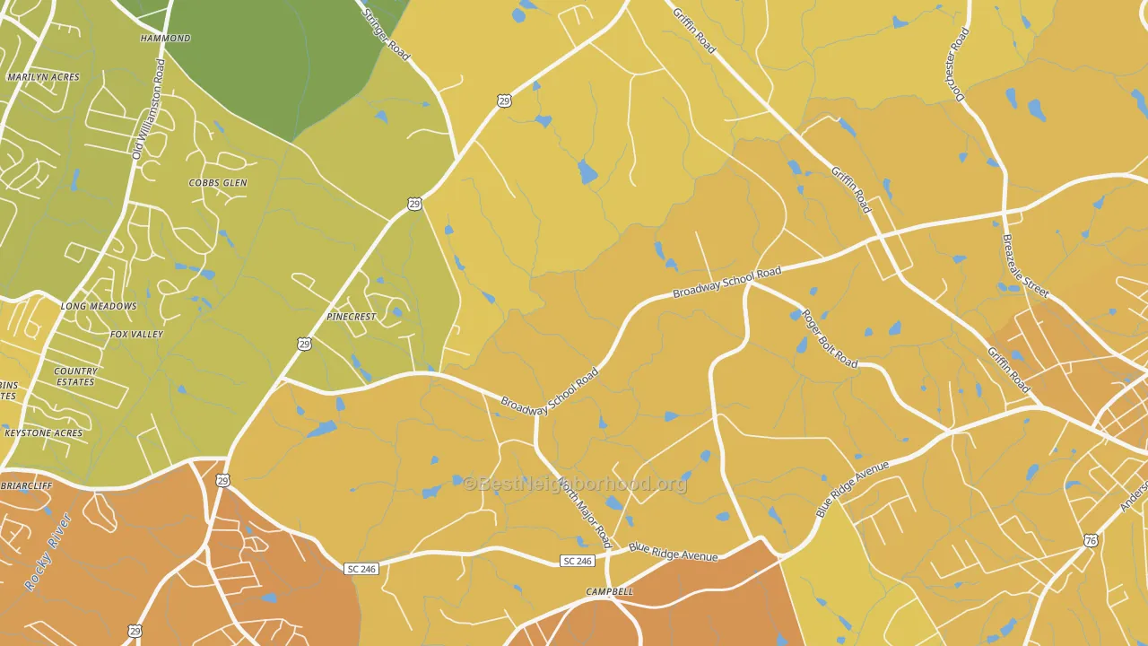 Map of the best neighborhoods in the Hammond area, with better matches in green and worse matches in red