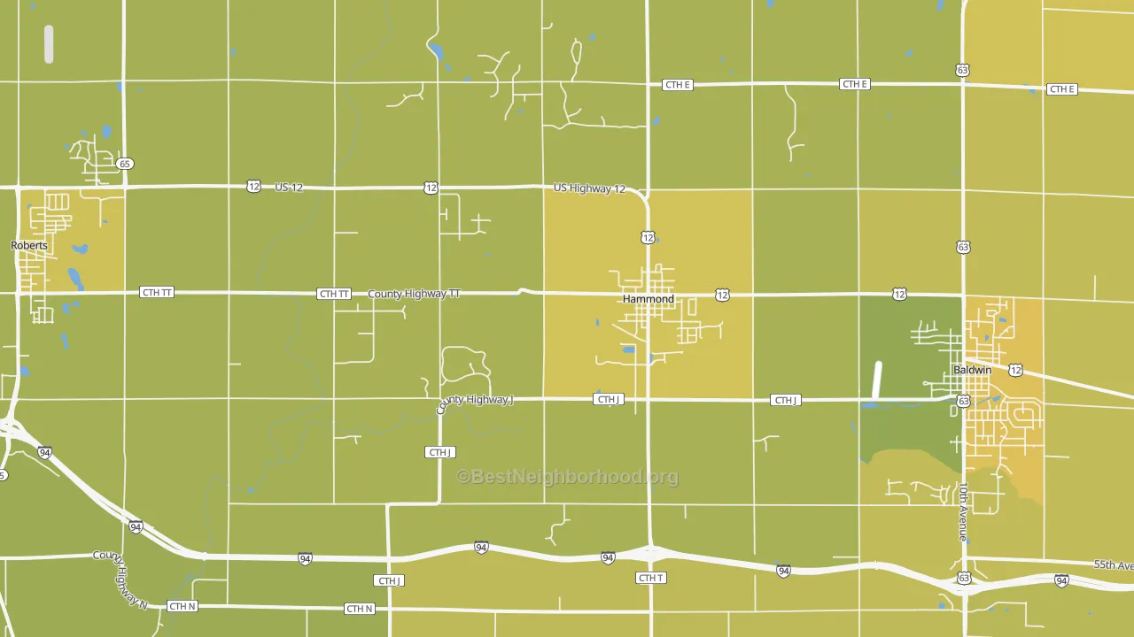 Map of the best neighborhoods in the Hammond area, with better matches in green and worse matches in red