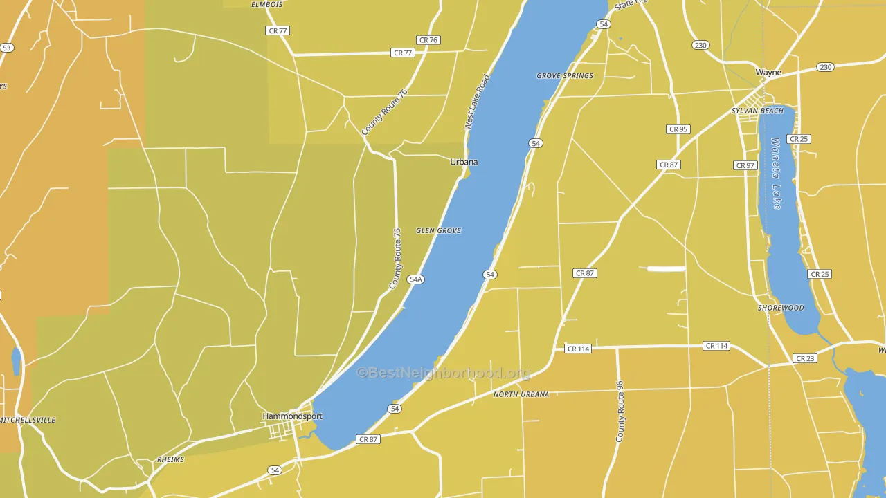 Map of the best neighborhoods in the Hammondsport area, with better matches in green and worse matches in red