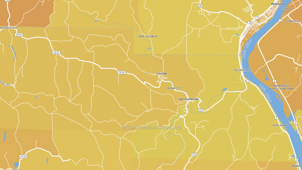 Map of the best neighborhoods in the Hammondsville area, with better matches in green and worse matches in red