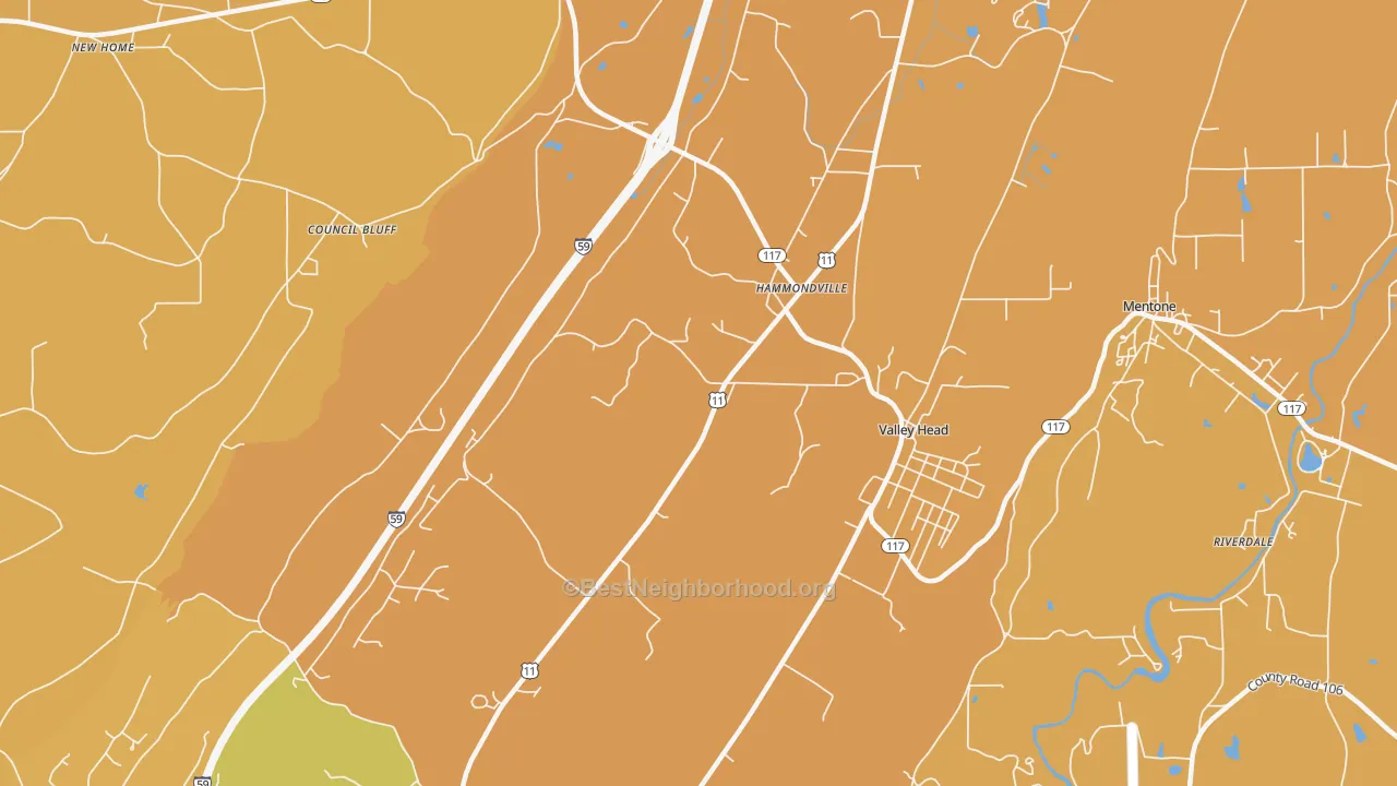 Map of the best neighborhoods in the Hammondville area, with better matches in green and worse matches in red