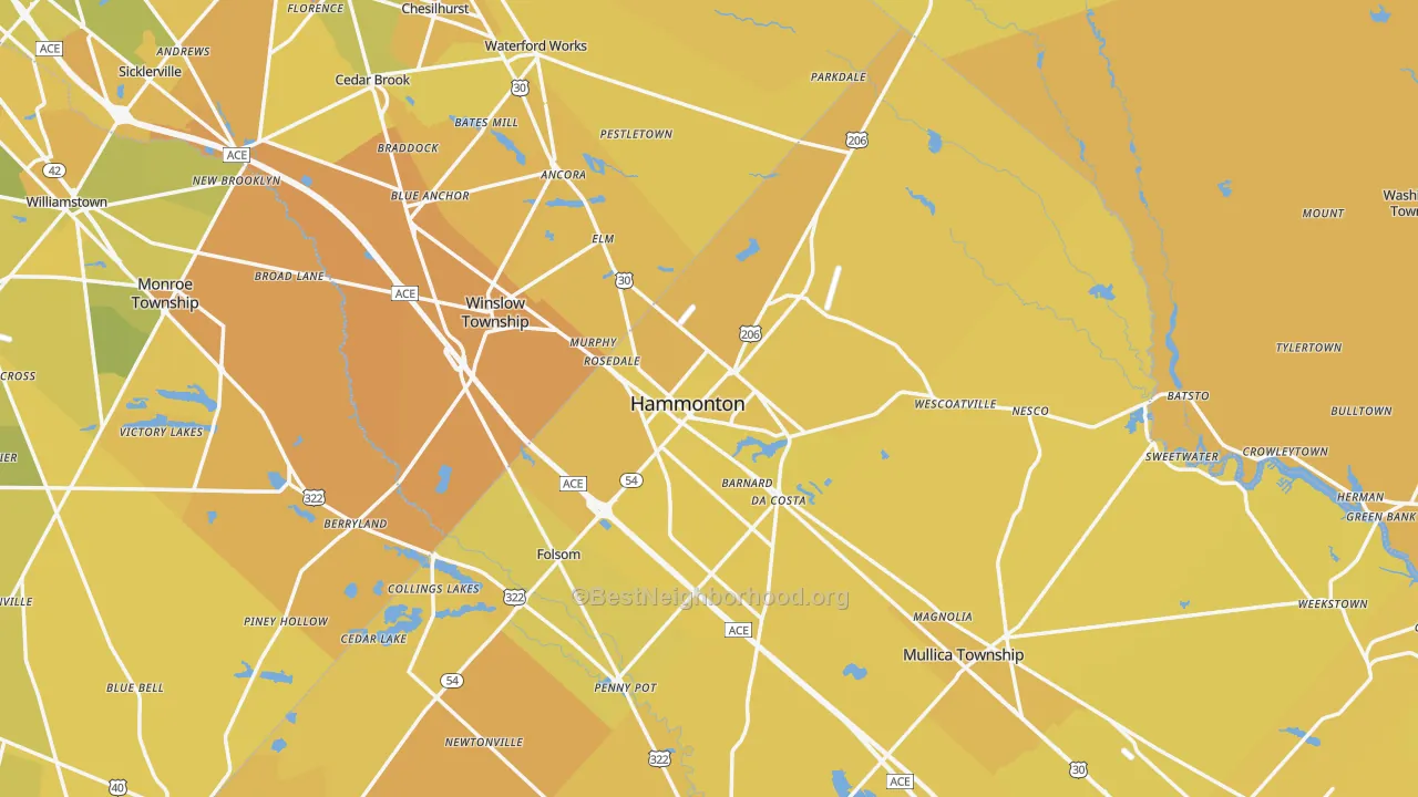 Map of the best neighborhoods in the Hammonton area, with better matches in green and worse matches in red