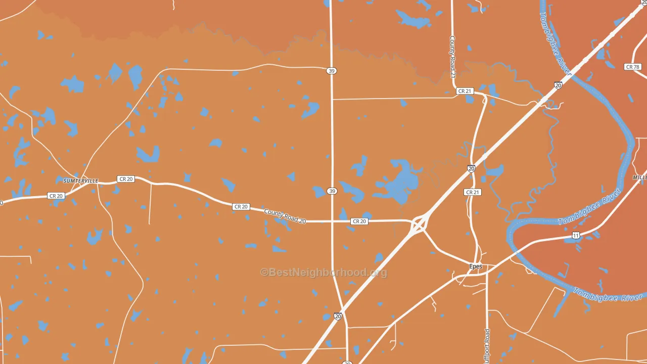 Map of the best neighborhoods in the Hamner area, with better matches in green and worse matches in red