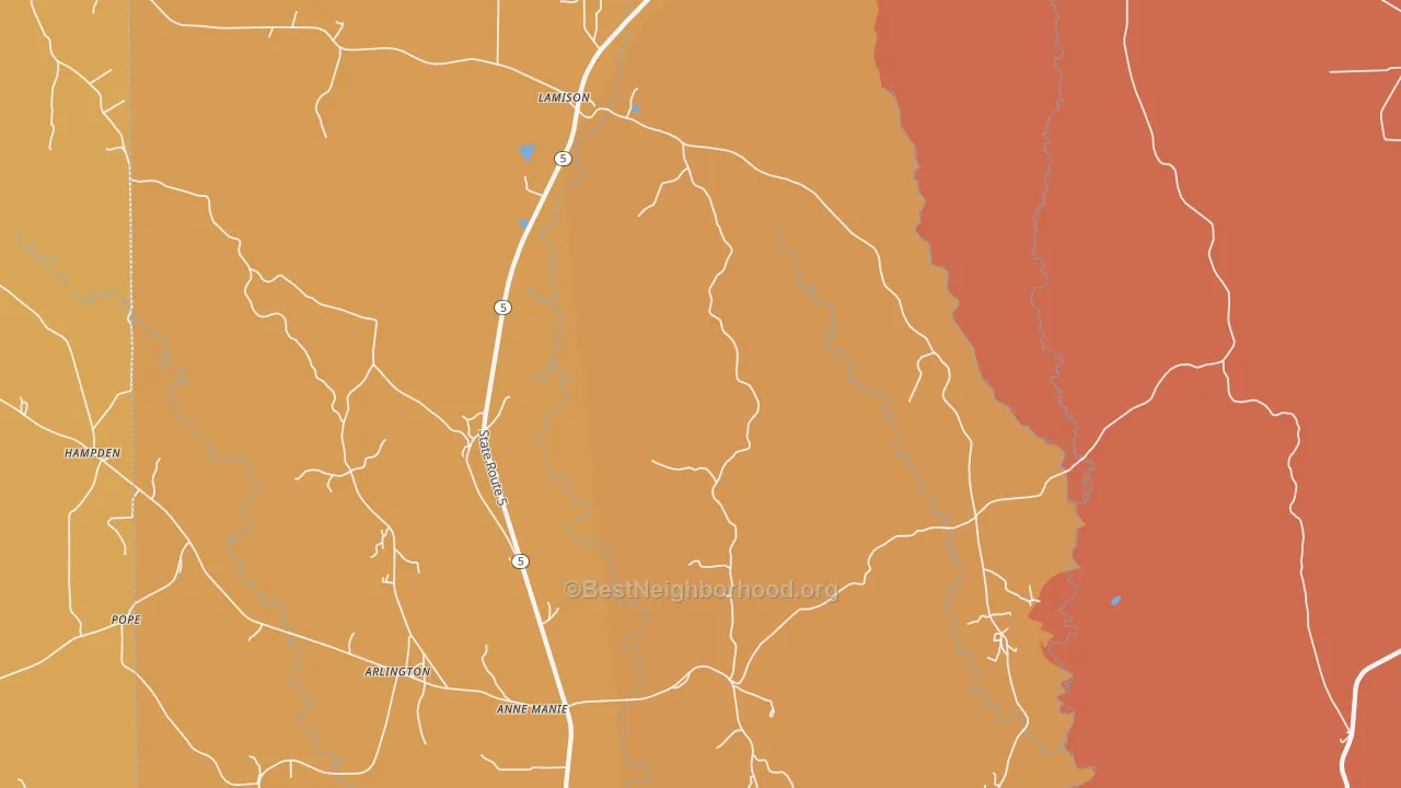 Map of the best neighborhoods in the Hampden area, with better matches in green and worse matches in red