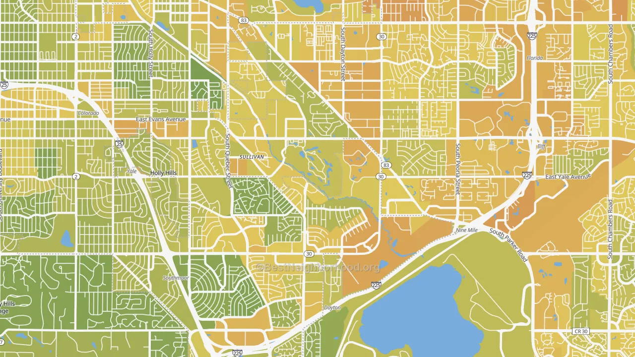 Map of the best neighborhoods in the Hampden, Denver area, with better matches in green and worse matches in red