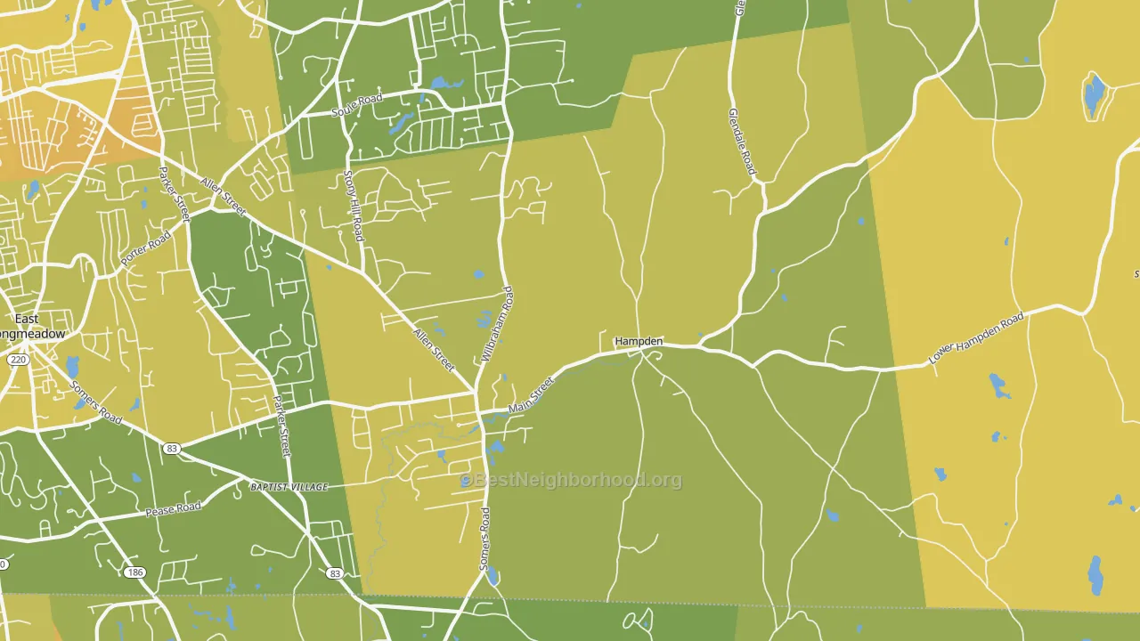 Map of the best neighborhoods in the Hampden area, with better matches in green and worse matches in red