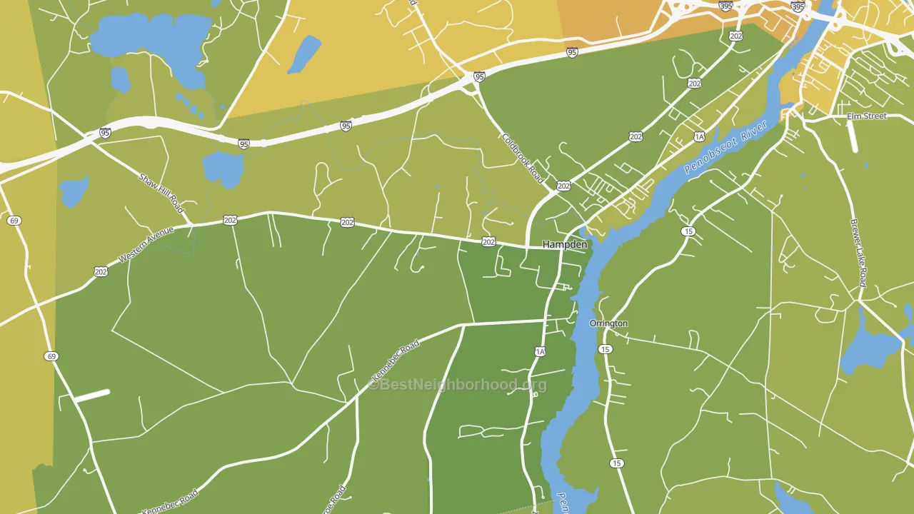 Map of the best neighborhoods in the Hampden area, with better matches in green and worse matches in red