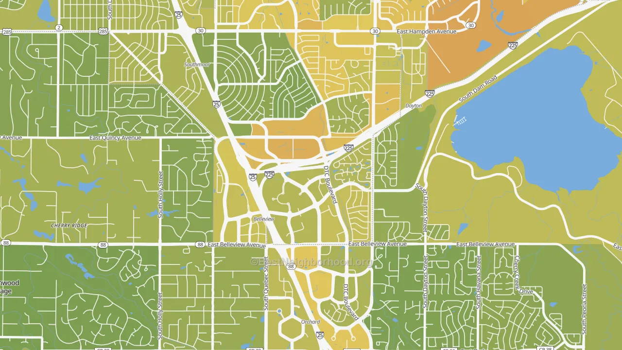 Map of the best neighborhoods in the Hampden South, Denver area, with better matches in green and worse matches in red