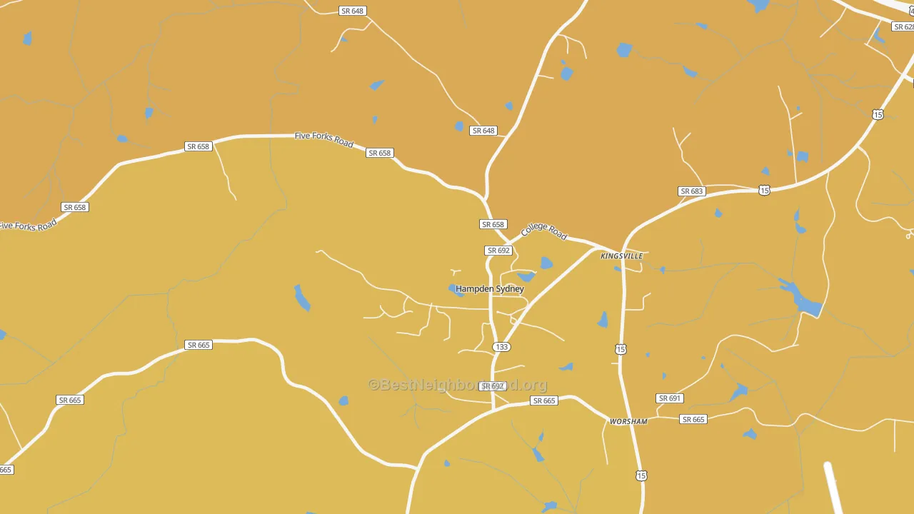 Map of the best neighborhoods in the Hampden-Sydney area, with better matches in green and worse matches in red