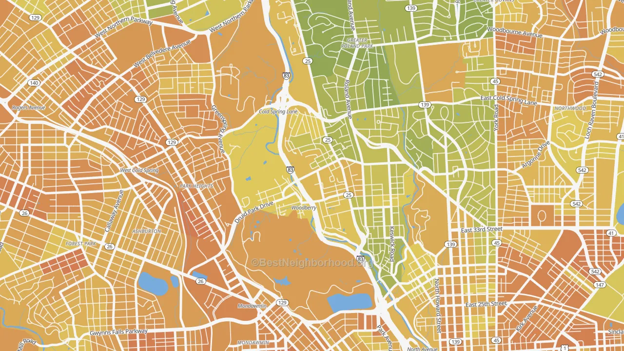 Map of the best neighborhoods in the Hampden-Woodberry-Remington, Baltimore area, with better matches in green and worse matches in red