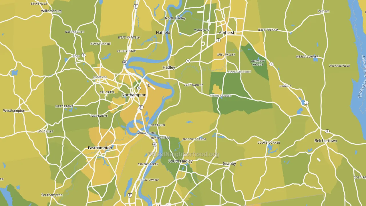 Map of the best neighborhoods in the Hampshire County area, with better matches in green and worse matches in red