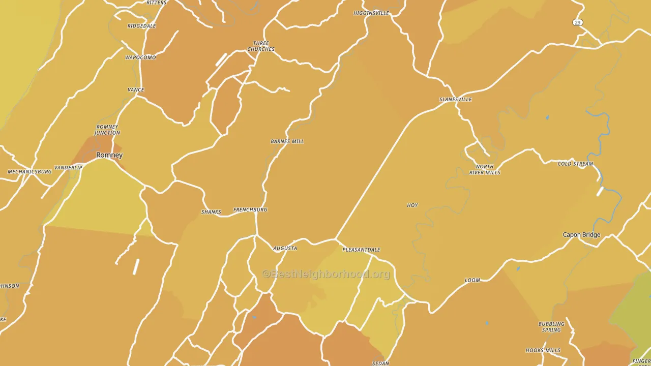 Map of the best neighborhoods in the Hampshire County area, with better matches in green and worse matches in red