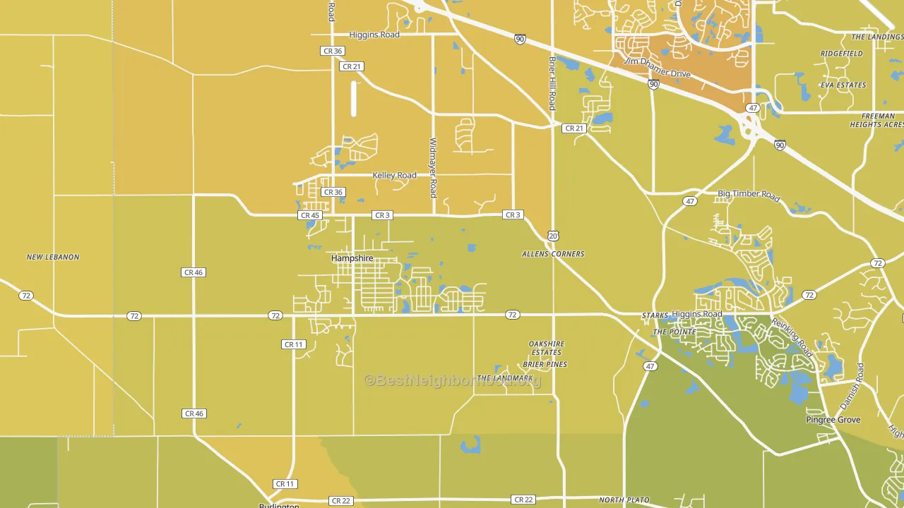 Map of the best neighborhoods in the Hampshire area, with better matches in green and worse matches in red