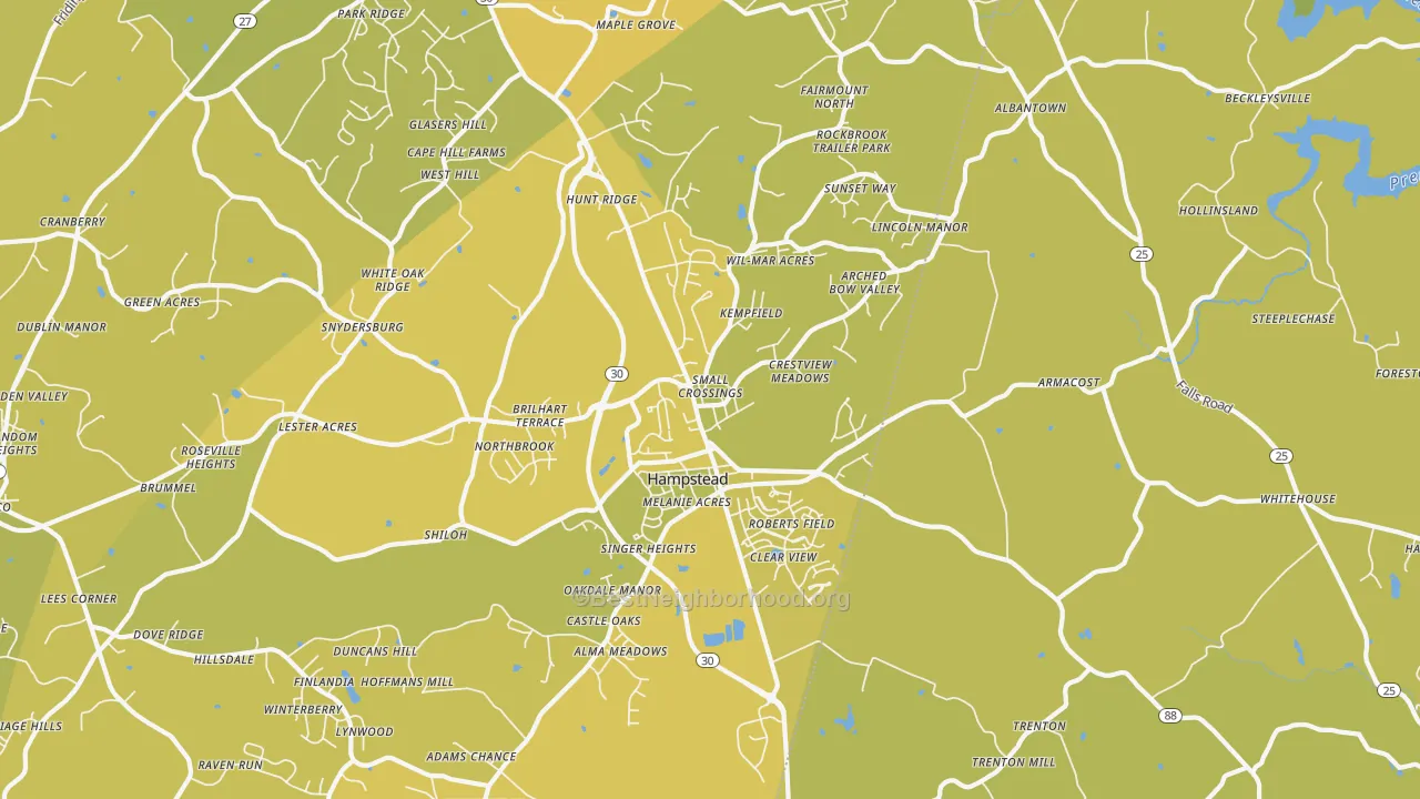 Map of the best neighborhoods in the Hampstead area, with better matches in green and worse matches in red