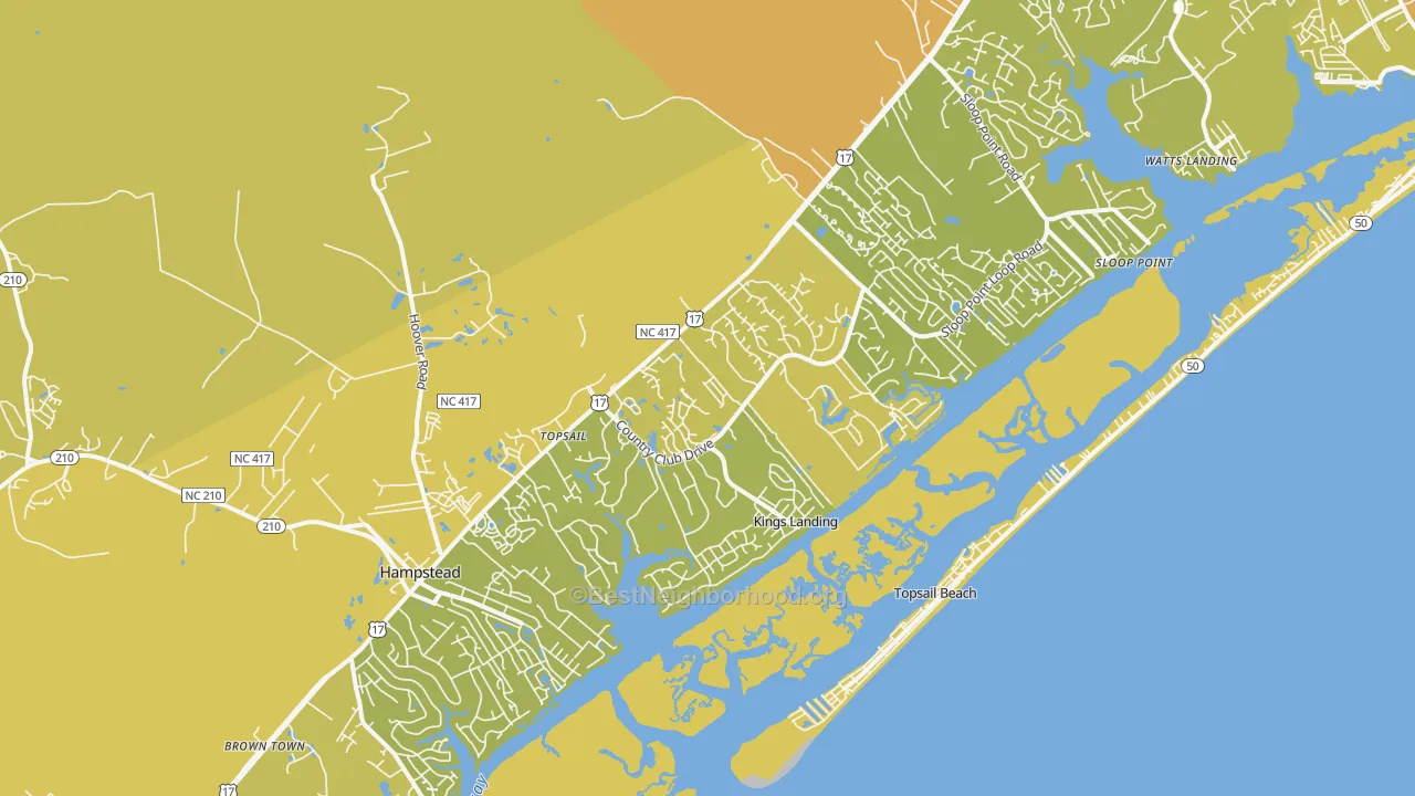 Map of the best neighborhoods in the Hampstead area, with better matches in green and worse matches in red