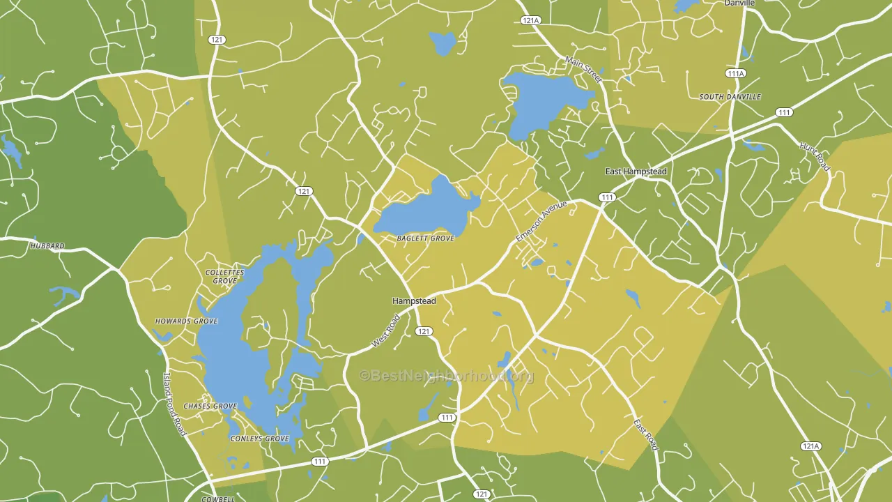 Map of the best neighborhoods in the Hampstead area, with better matches in green and worse matches in red