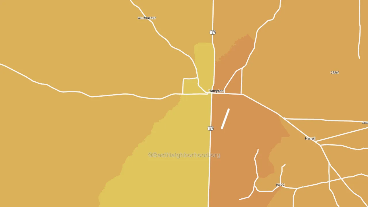 Map of the best neighborhoods in the Hampton area, with better matches in green and worse matches in red