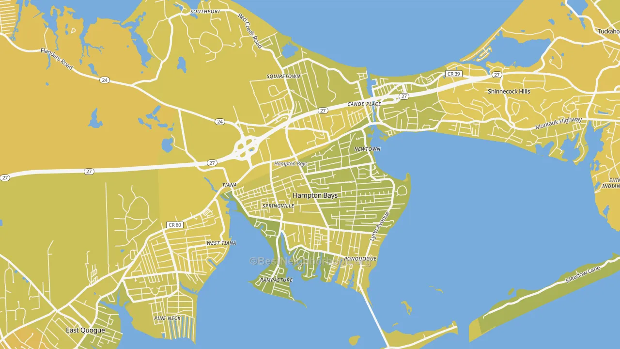 Map of the best neighborhoods in the Hampton Bays area, with better matches in green and worse matches in red
